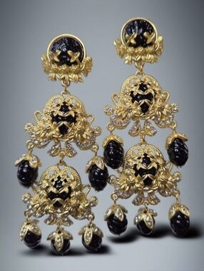 Massive 18k Gold Plated Carved Onyx Lucite Baroque Filigree Crystal 4.5" Earring